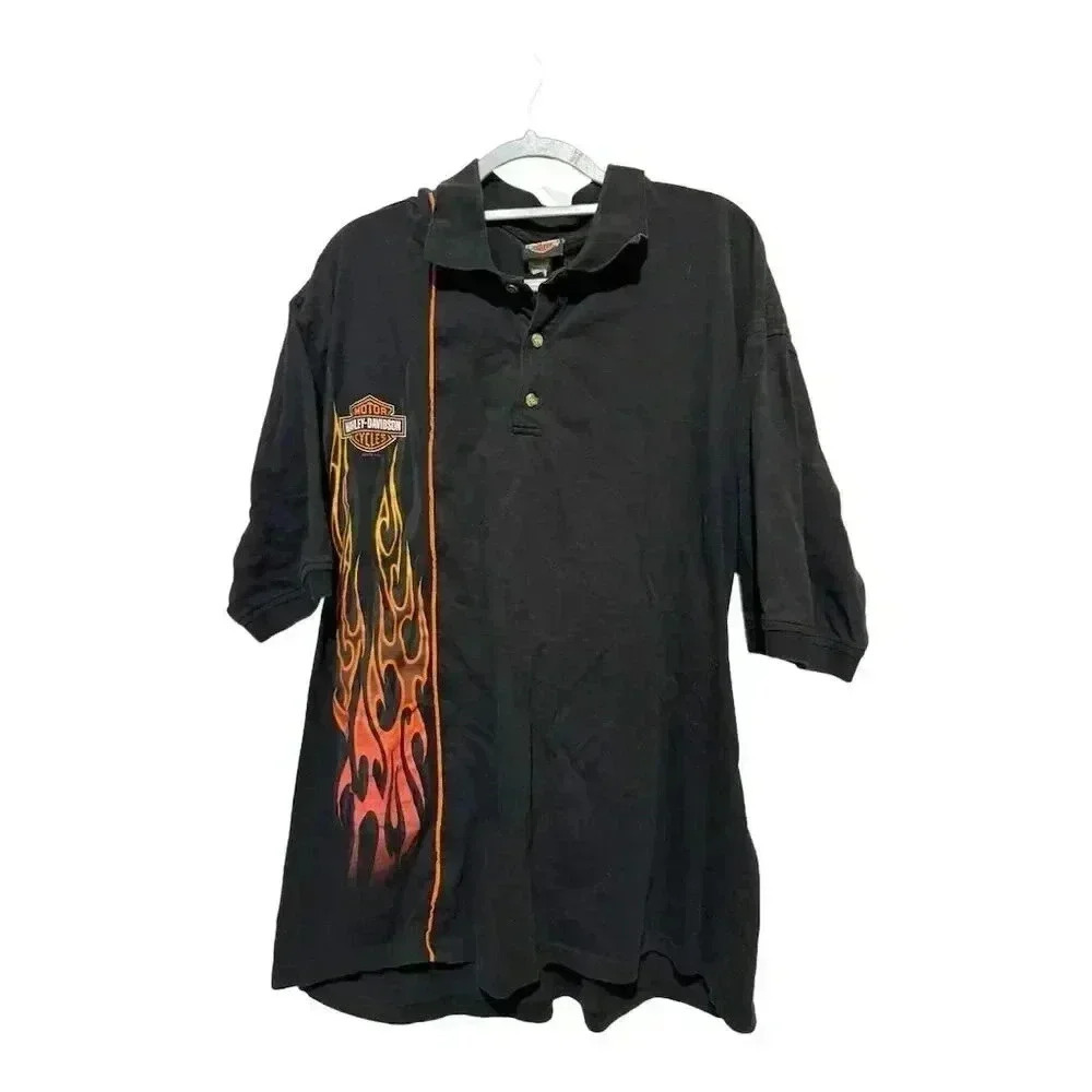 Harley-Davidson XL VTG Flame Polo Shirt Black Short Sleeve Longhorn Biker Y2K